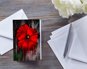 RED POPPY CARD, Abstract Floral Art, Remembrance Day, Gothic Poppy, Scarlet Flower Card, Card For Her, Sympathy, In Our Thoughts, Valentines