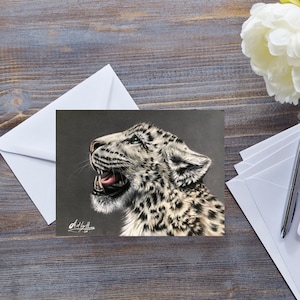 CARTE LÉOPARD DES NEIGES, grand félin rugissant, art animalier de zoo, carte générale toutes occasions faune mignonne, pour lui, amoureux des chats à dessin, pour elle, pour enfants