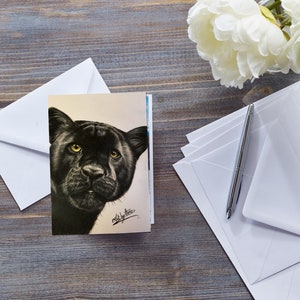 CARTE PANTHÈRE NOIRE, art chat noir, amoureux de la faune mignon, art animalier de zoo, pour amateur de gros chats, carte toutes occasions, pour lui, porte-bonheur, pour elle