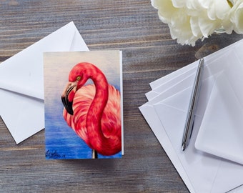 PINK FLAMINGO CARD, Bird Lover Gift, Flamingo Illustration, Flamingo FineArt, Tropical Bird, Flamingo Note-let, General Card For Girls