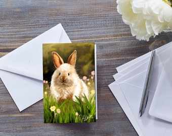 BUNNY IN MEADOW Card, Blank All Occasions, Cute Easter Bunny, Rabbit In Flowers, For Her, Woodland Wildlife, Baby Animal Notecard, For Kids