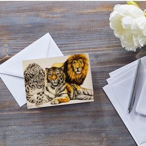 BIG CATS LOVER Card, Arte della tigre, Leone, Tutte le occasioni, Disegno della fauna selvatica del leopardo delle nevi, Animale del safari, Animale della giungla, Card per bambini, Collage di gatti