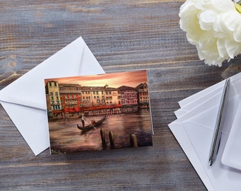 VENICE ROMANTIC CARD, Italian Art Notelet, Venice At Dusk, Anniversary Card, For Couples In Love,  Engagement Card, Gondola Venetian Sunset