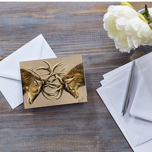 TARJETA DE FELICITACIÓN DE CIERVOS, Ciervo rojo con astas, Vida salvaje escocesa, Para amantes de los ciervos, Ciervos de las Tierras Altas, Dos machos peleando, Tarjeta para él, Arte animal