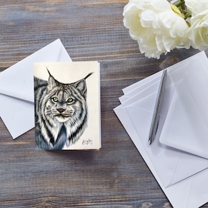 CARTE CHAT LYNX, faune canadienne, carte pour amoureux des grands félins, animal de zoo, dessin de chat sauvage, pour lui, toutes les occasions, portrait de lynx roux, art de chat de la forêt
