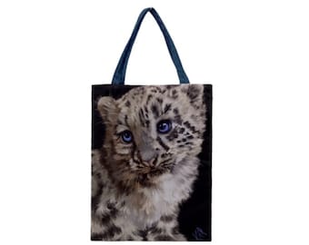 SNOW LEOPARD CUB Bag, Eco Grocery Sack, Cotton Market Tote, Foldup Shopping Bag, For Cat Lover, Animal Lover Gift, Wildlife Art Bag, For Her