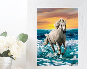 WHITE STALLION PRINT, Girls Room Decor, Horse Galloping On Beach, Arabian Horse Lover Gift, Equine Art Poster, Racehorse, Running In Waves