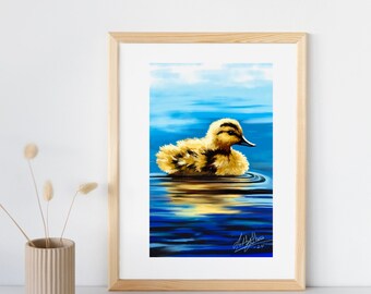 CUTE DUCKLING PRINT, Girls Room Decor, Nursery Wall Art, Baby Animals, Easter Gift, Duck Lover Art, Spring, Yellow And Blue, New Baby Gift