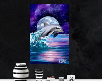 LEAPING DOLPHIN ART, Dolphin Under Moon, Purple Starry Sky Poster, Sea Life Print, Marine Life Decor, Colourful Wall Art, Art For Bathroom