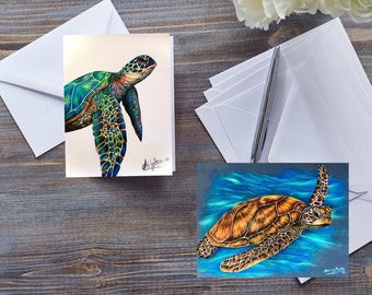 SEA TURTLE CARD, Ocean Wildlife, Blue Sea Life Drawing, Sea Animal Art, Turtle Lover Card, Turtle Illustration, Turtley Card, Under The Sea