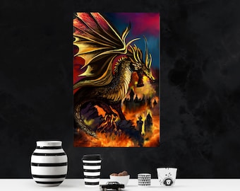 FIRE DRAGON POSTER, Fantastic Beast Drawing, Fire Breathing Dragon, Kids Room Decor, Dragon Lover Gift, Mythological Fantasy, Art For Him