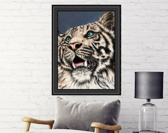 Witte tijgerprint: giclée fine-art poster, gezicht van Siberische tijger