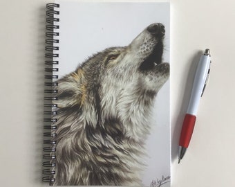 HOWLING WOLF NOTEBOOK, A5 Lined Animal Notepad, Grey Wolf Stationery, Wolf Art Jotter, Wildlife Gift For Her, Wolf Journal, Wolf Lover Gift