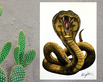 May include: A detailed drawing of a cobra snake with its hood raised, showing its fangs. The snake is depicted in shades of gold and brown, with green eyes. The drawing is signed "Art by Hirc" and dated "20".