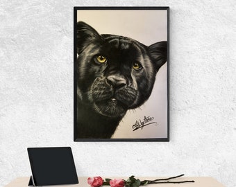 Svart panter-tryck, kattälskare konstposter, djurälskare present, djurteckning, stor katt som kikar porträtt, kattväggdekor, leopard