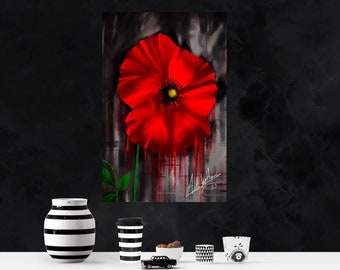 RED POPPY DIGITAL Art, Red and Black Decor, Abstract Floral Art, Scarlet Flower Poster, Blood Red Floral Print, Valentines Gift, For Couple