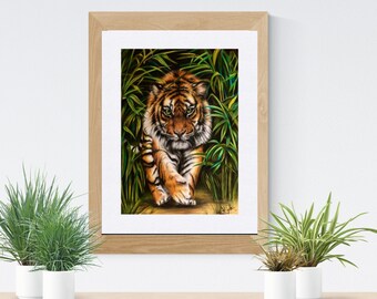 Majestueuze tijgerprint, kleurpotloodtekening dieren in het wild, muurdecoratie junglekat