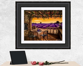 Print Provence lavendelveld: Franse landschap zonsondergang kunst