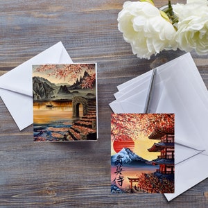 JAPANISCHE LANDSCHAFTSKARTE, rosa Kirschblüte, Berg Fuji Malerei, orientalische Landschaft Note let, Sakura Karte, Romantischer Sonnenuntergang, Karte für Sie