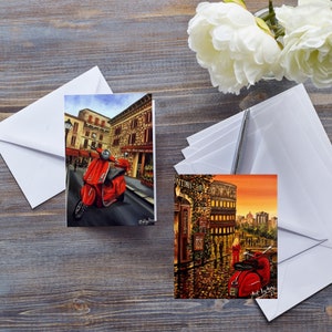 CARTE ROME ROMANTIQUE, scooter Vespa rouge, cyclomoteur italien emblématique, carte moto pour lui, Colisée la nuit, carte d'anniversaire, amour d'Italie