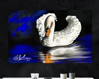 SWAN ON LAKE Poster, Waterfowl Print, Wildlife Illustration, White & Blue Decor, Digital Art, Living Room, Bird Lover Gift, Mute Swan Art