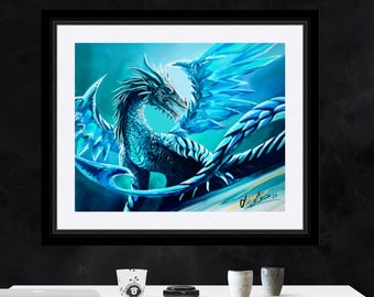 ICE DRAGON POSTER, Fantastic Beast Drawing, Blue Dragon Art, Kids Room Decor, Dragon Lover Gift, Mythological Animal, Fantasy Digital Art