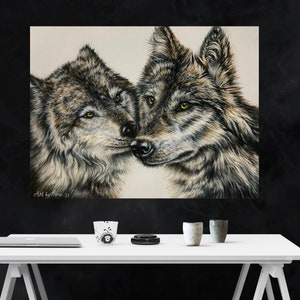 TWO WOLVES PRINT, Wolf Poster, Wolves In Love, Animal Drawing, Wolf Illustration, Couples Gift, Wolf Lover Gift, Wildlife Art, Gift For Him