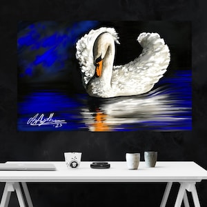 Impresión artística de cisne mudo: Ilustración de vida silvestre del lago azul
