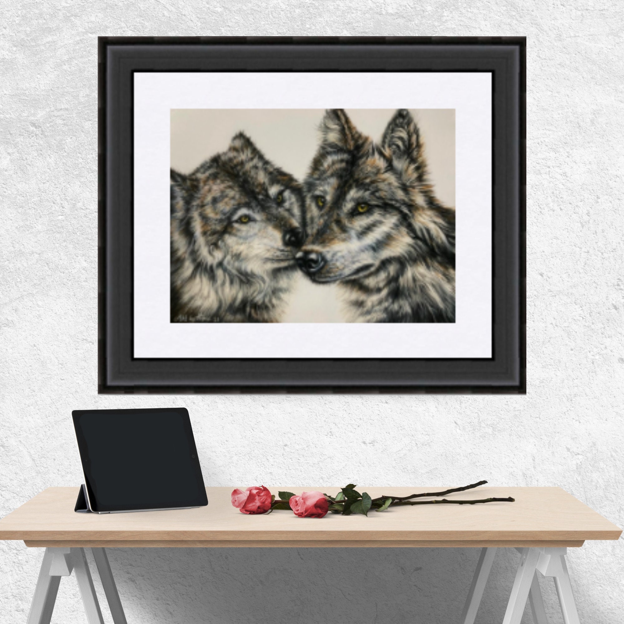 恋する二匹のオオカミのプリント：パステルペンシルの野生動物アート - Etsy 日本, image size:2000x2000