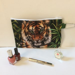 TIGER CANVAS BAG, Tiger Makeup Cosmetic Bag, Prowling Tiger Zipper Pouch, Big Cat Gift For Her, Tiger Lover Gift, Tiger Hunting Pencil Case,