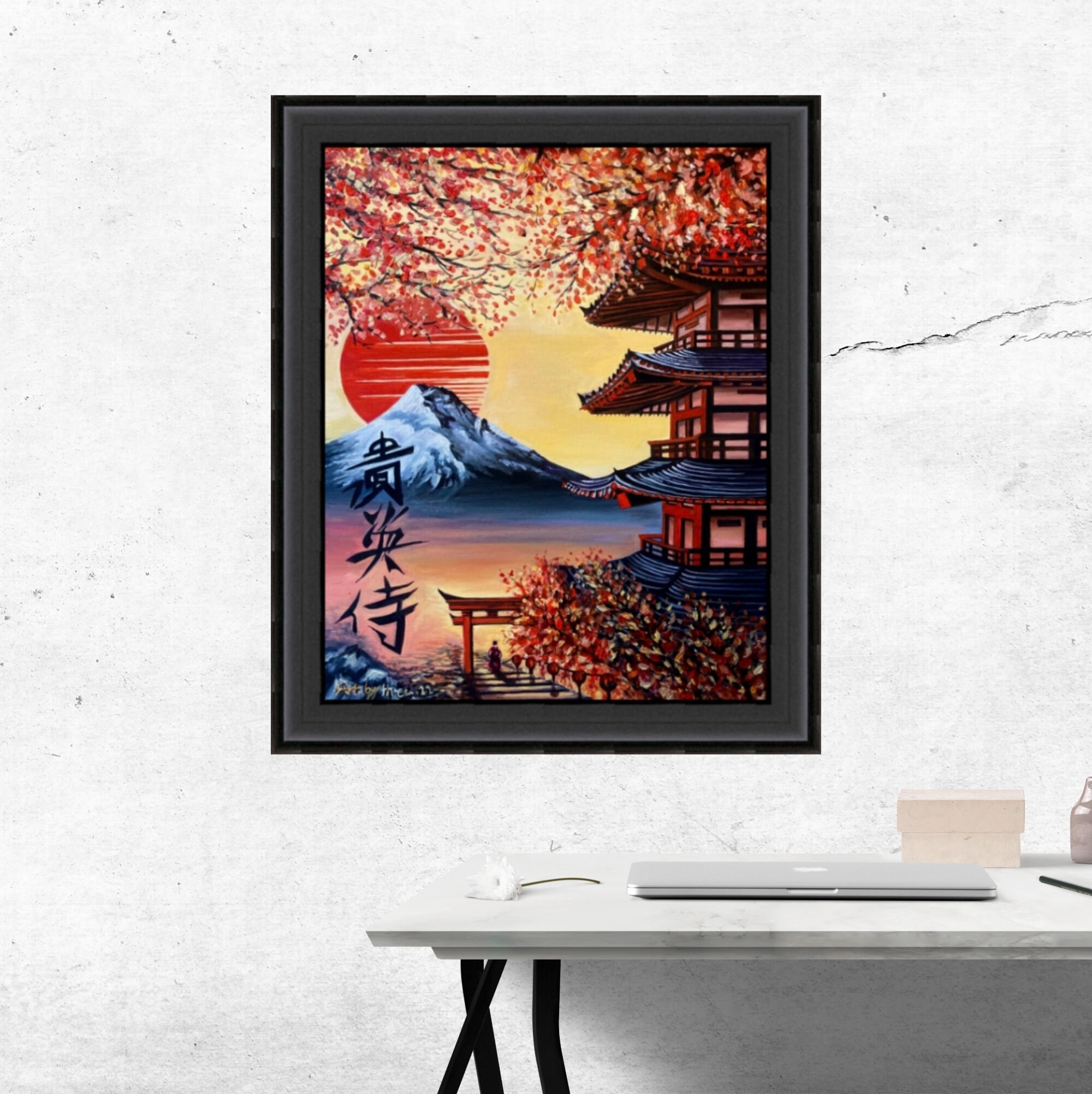 Tableau Toile Paysage Japonais Cerisiers Fleurs & Pagode - 80x40 Cm | Bilderfelix - 5
