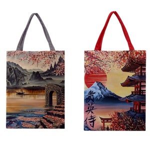 JAPANISCHE KUNST Tasche, Markt Einkaufstasche, Orientalische Landschaftsdruck Stoff, Rosa Kirschblüte, Berg Fuji Tasche, Japan Liebhaber Geschenk