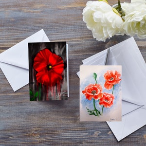 RED POPPY CARD, Abstract Floral Art, Remembrance Day, Gothic Scarlet Watercolour Flower, For Her, Sympathy, In Our Thoughts, Valentines Day