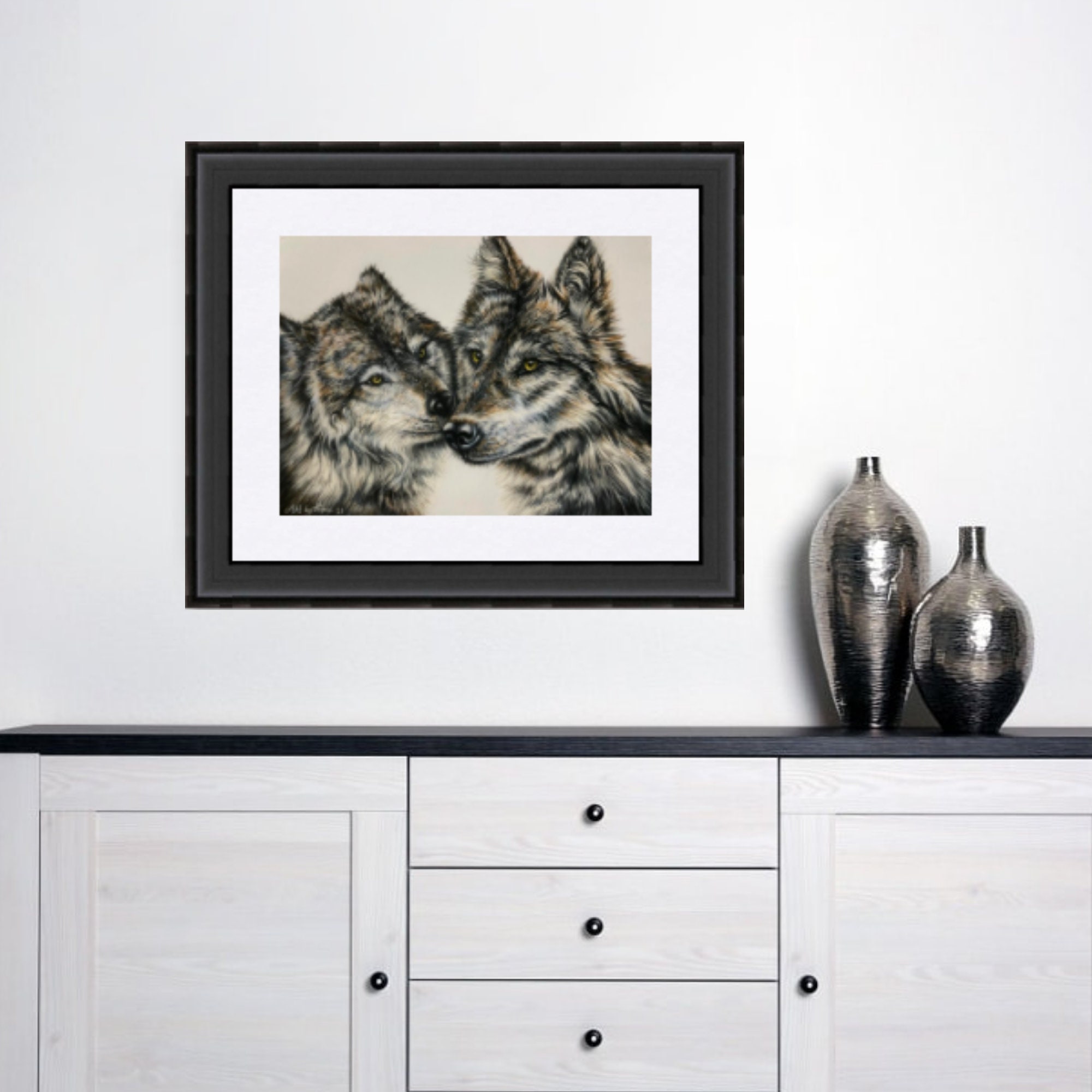 恋する二匹のオオカミのプリント：パステルペンシルの野生動物アート - Etsy 日本, image size:2000x2000