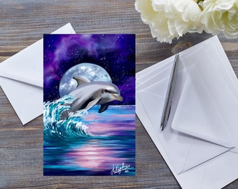 DOLPHIN IN MOONLIGHT Card, All Occasions Card, Purple Starry Sky, Marine Animal Card, Dolphin In Waves, Ocean At Night, Magical Sealife Card