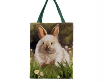 BUNNY RABBIT TOTE Bag, Easter Bunny Gift, Reusable Grocery Bag, FoldUp Shopping Bag, Market Sack, Bag For Life, For Animal Lover, For Her