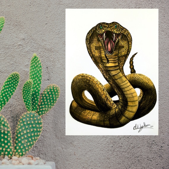 KING COBRA DRAWING Original Snake Art Cobra Hissing  Decor Serpent Drawing Art For Him Reptile Original Art Venomous Snake Portrait