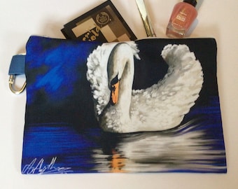 SWAN CANVAS BAG, Makeup Cosmetic Bag, Zipper Travel Pouch, Bird Lover, For her, Mute Swan Gifts, Swan Pencil Case, Romantic Swan Fabric Case