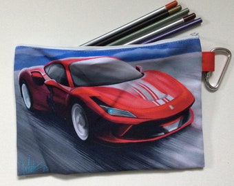 FERRARI PENCIL CASE, Makeup Bag, Supercar Zipper Pouch, Sports car Gift, For Boys, Red F8 Tributo, Accessory Bag For Him, Motor Vehicle Gift