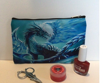 ICE DRAGON PENCIL Case, Dragon Make Up Bag, Dragon Lover Gift, Blue Cosmetic Storage, Zipper Pen Pouch, Mythical Creature, Fantastic Beast,