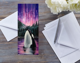 ORCA WHALE CARD, Killer Whale Art, Sea Life Note Card, Northern Lights, Marine Life Card, Nature Card, All Occasions Card, Wildlife Art Card