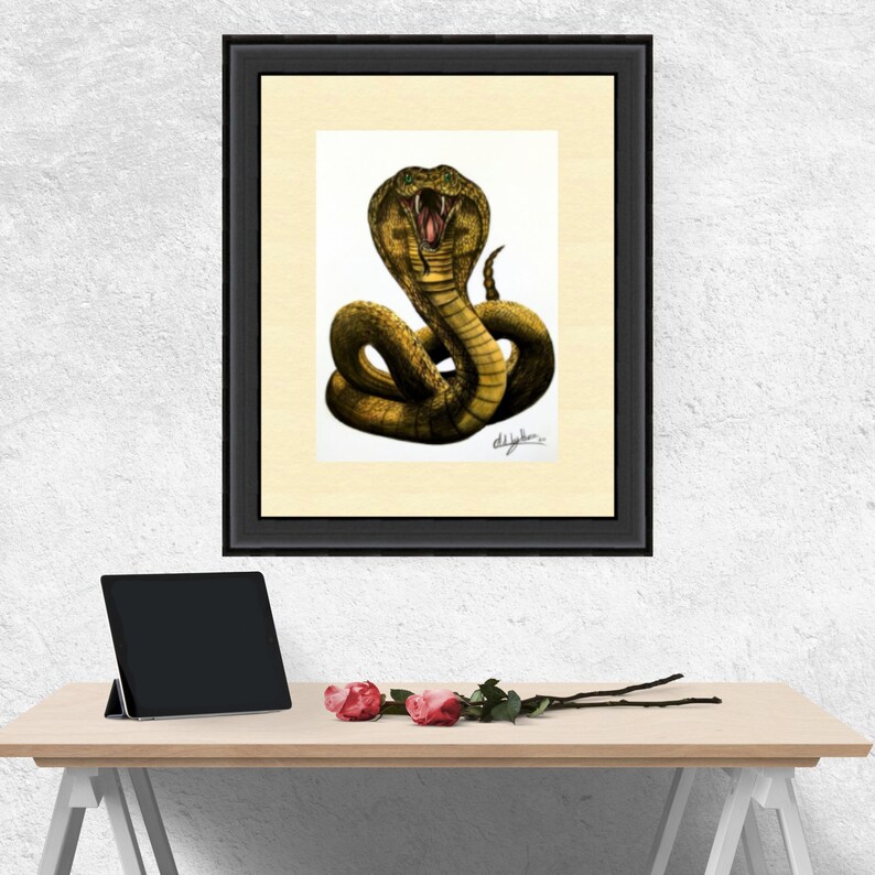 KING COBRA DRAWING Original Snake Art Cobra Hissing Decor Serpent Drawing Art For Him Reptile Original Art Venomous Snake Portrait