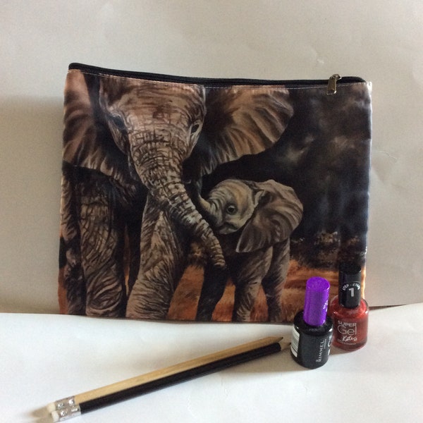 ELEPHANT PENCIL CASE, Animal Cosmetic Bag, Cute Zipper Pouch, Wildlife Makeup Storage, Elephant Lover Gift For Her, Mum And Baby Elephant
