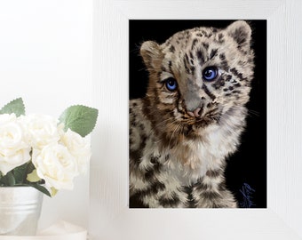 SNOW LEOPARD CUB Print, Kids Room Decor, Leopard Fine Art Poster, For Animal Lover, Wildlife Drawing, Big Cat Illustration, Nursery Wall Art