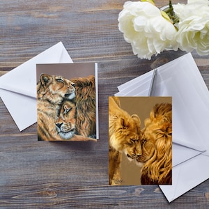 CARTE DEUX LIONS, mignon gros chat, pour amoureux des lions, lions câlins, lions amoureux, carte pour couple, pour femme, pour petite amie, romantique, pour lui