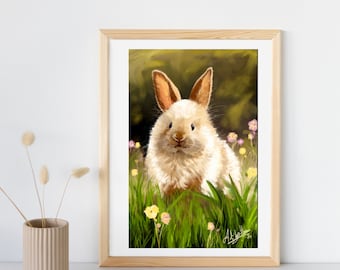 BUNNY RABBIT IN Meadow Print, Girls Room Decor, Nursery Wall Art, Animals and Plants, Easter Bunny Gift, Rabbit Lover Art, Spring Flowers