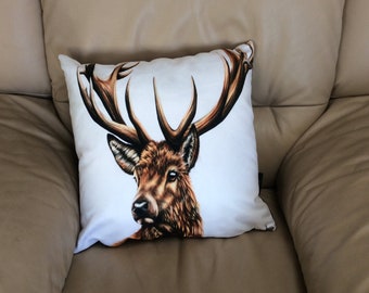 Highland Stag Cushion, Scottish Wildlife Art, Vegan Suede Pillow