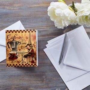 CARTA ART DECO per tutte le occasioni, carta collage di tazze da caffè, carta inaugurazione casa, carta francese vintage, paesaggio urbano di Parigi, arte del caffè francese, per lei