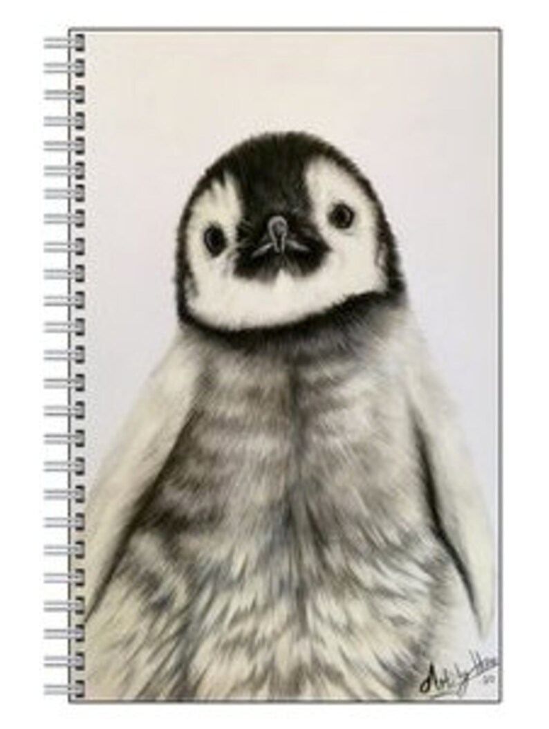 May include: A spiral-bound notebook featuring a detailed pencil drawing of a baby penguin. The penguin has a black head and back, with a white belly and chest. The notebook's pages are white, and the binding is silver.