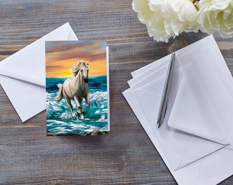 WHITE STALLION CARD, Horse Galloping On Beach, Arabian Horse, Equine Art, Racehorse Running In Waves, For her, For Horse Lover, Equestrian